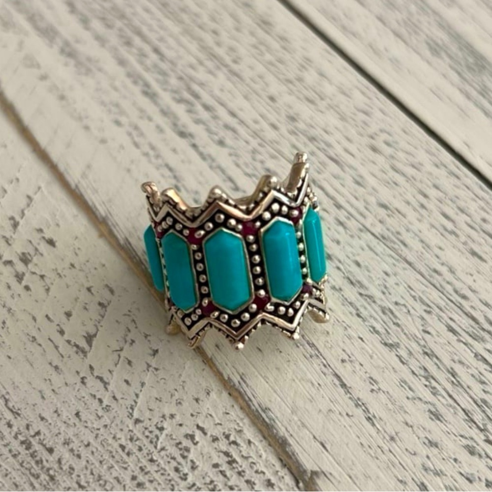 Sterling Silver Turquoise & Ruby Beaded Halo Ring size 5.75 - Picture 1 of 6